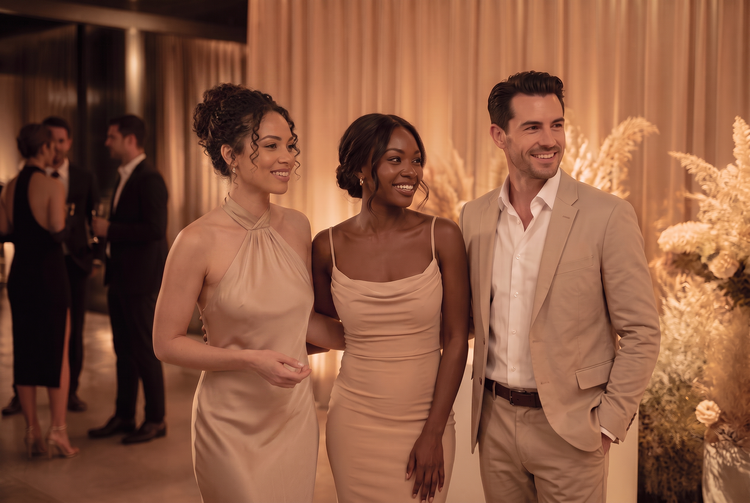 Guests posing at a Parallens Studio Selfie Pod during an elegant evening event